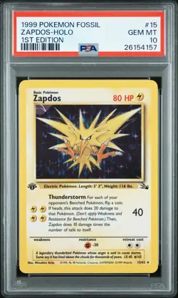 1999 POKEMON FOSSIL 1ST ED #15 ZAPDOS-HOLO PSA 10 - Image 1