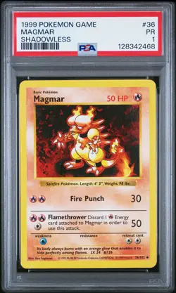 1999 POKEMON GAME SHADOWLESS #36 MAGMAR PSA 1 - Image 1