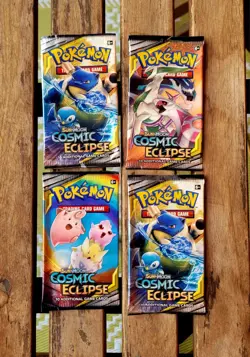 Pokemon EMPTY WRAPPER Open Cosmic Eclipse Booster Pack x 4 ARTSET - Image 1