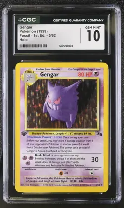 Pokemon English Gengar 5/62 1999 Fossil - 1st Edition Rare Holo CGC 10 Gem Mint - Image 1