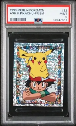 Ash & Pikachu 1999 Merlin Pokemon Prism Sticker #S2 PSA 9 Mint POP 126!! - Image 1