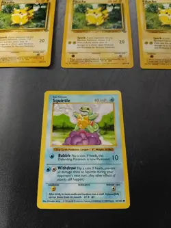 Squirtle 63/102 Base Set Shadowless & X3 Pikachu 60/64 Jungle Set Pokemon Cards - Image 1