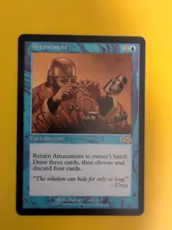 Attunement. Enchnantment rare MTG Card. Urza's Saga. Old Vintage wear to top - Image 1