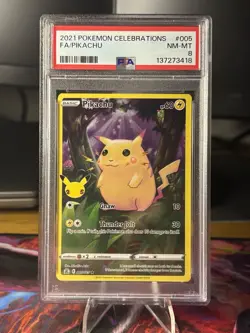 2021 Pokemon Celebrations 005 Full Art Pikachu Holo PSA 8 NM Rare Card Fresh - Image 1