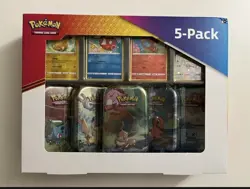 2021 SEALED POKEMON TCG 5 POWER MINI TIN BOX SET + 4 HOLO PROMO CARDS (10 PACKS) - Image 1