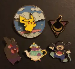 5 X Pokemon Pin Badge Surfing Flying Pikachu Morpeko Mr Rime Polteageist 2022 - Image 1