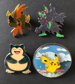 4 X Pokemon Pin Badge Surfing Pikachu Tapu Koko Snorlax Grimmsnarl Enamel Metal - Image 1