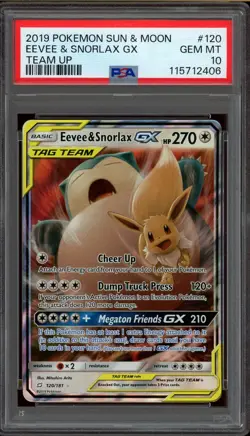 Pokemon PSA 10 Eevee & Snorlax GX 120/181 Sun & Moon Team Up Ultra Rare Mint - Image 1