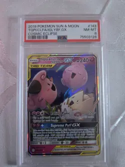 2019 POKEMON COSMIC ECLIPSE #143A/236 TOGEPI CLEFFA IGGLYBUFF GX TAG TEAM PSA 8 - Image 1