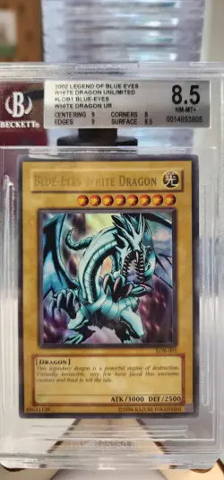 Beckett 8.5 Near Mint+ Blue Eyes White Dragon Unlimited Yugioh Card #LOB-001 - Image 1
