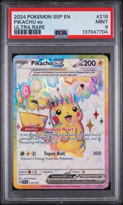 PIKACHU EX 2024 POKEMON S&V SURGING SPARKS ULTRA RARE 219/191 PSA 9 - Image 1