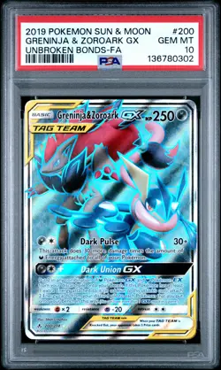 2019 POKEMON SUN & MOON UNBROKEN BONDS FULL ART/GRENINJA & ZOROARK GX PSA 10 - Image 1