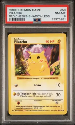 Pokemon TCG Pikachu Red Cheeks Shadowless Base Set Card 058/102 PSA 8 - Image 1