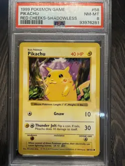 Pokemon TCG Pikachu Red Cheeks Shadowless Base Set Card 058/102 PSA 8 - Image 3