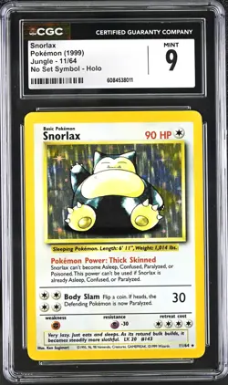CGC 9 MINT Snorlax Jungle 11/64 NO SYMBOL ERROR Holo Rare Pokemon Card psa - Image 1