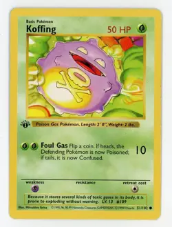 1st Edition Shadowless Koffing - Pokemon 1999 Base Set #51 EX-MT+ / NM - Image 1