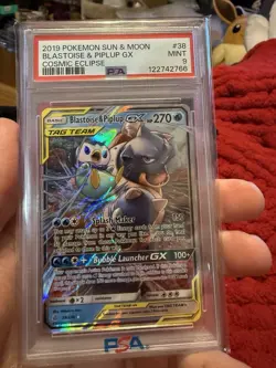 2019 POKEMON SUN & MOON COSMIC ECLIPSE #38 BLASTOISE & PIPLUP GX PSA 9 - Image 1