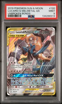 2019 POKEMON SUN & MOON UNBROKEN BONDS #120 LUCARIO & MELMETAL GX PSA 9 - Image 1