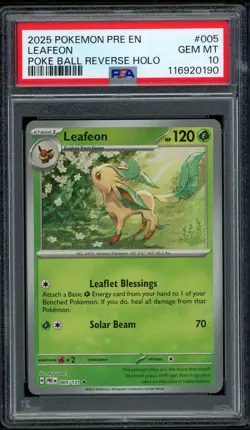 2025 PSA 10 Pokemon Prismatic Evolutions Leafeon Poke Ball Rev 005/131 card Gem - Image 1