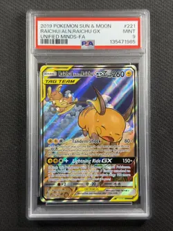 Pokemon Cards PSA 9 Mint Raichu & Alolan Raichu Gx Unified Minds 2019 221/236 - Image 1