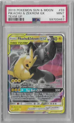 PSA 9 Pikachu & Zekrom GX 33/181 Tag Team Holo Sun & Moon Team Up 2019 Pokemon - Image 1
