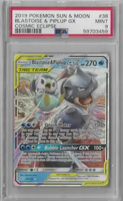 PSA 9 Blastoise & Piplup GX 38/236 Cosmic Eclipse Sun & Moon Tag Team Pokemon - Image 1