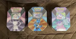 Pokemon- 3 Tin Set V Forces Mew V, Galarian Slowbro V, Lucario V- Sealed, Tear - Image 1