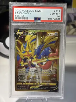 Pokemon 2020 Sword & Shield Base Zacian V 211/202 Secret Rare PSA 10 - Image 1