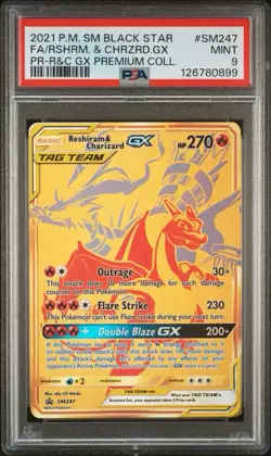 2021 POKEMON SM BLACK STAR PROMO #SM247 FULL ART/RESHIRAM & CHARIZARD GX PSA 9 - Image 1