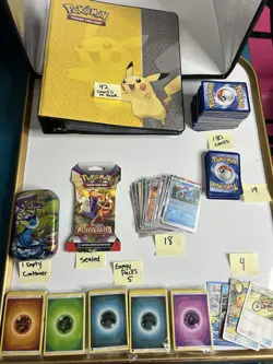 Pokemon Cards W/Binder Lot Of 313 Cards, Pikachu Plush, And Other Accessories - Image 1