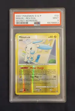 PSA 9 Pokemon Reverse Holo Minun 32/132 DP Secret Wonders Card 2007 MINT - Image 1