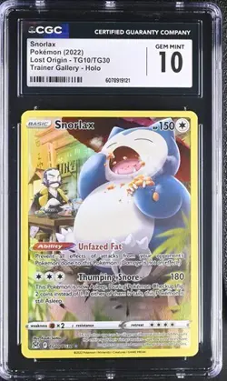 2022 Pokemon Sword & Shield Lost Origin Full Art Snorlax #TG10 CGC 10 GEM MINT - Image 1
