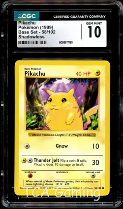 CGC 10 GEM MINT Pikachu 58/102 SHADOWLESS Base Set Pokemon Card 195 - Image 1