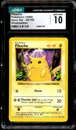 CGC 10 GEM MINT Pikachu 58/102 SHADOWLESS Base Set Pokemon Card 195 - Image 2