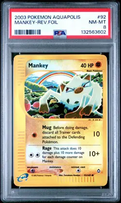 2003 POKEMON AQUAPOLIS #92 MANKEY-REVERSE FOIL PSA 8 - Image 1