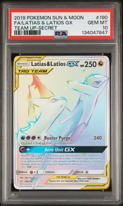 2019 POKEMON SUN & MOON TEAM UP SECRET #190 FULL ART/LATIAS & LATIOS GX PSA 10 - Image 1