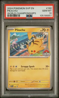 2024 POKEMON SVP EN-SV BLACK STAR PROMO WORLD CHAMPIONSHIPS #190 PIKACHU PSA 10 - Image 1
