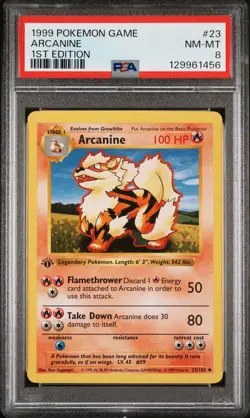 1999 Pokemon Base 1st Edition Arcanine 23 + Fire Energy PSA 8 NEAR MINT-MINT - Image 1