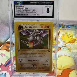 Pokemon TCG Aerodactyl 1st Edition Prerelease Cosmos Holo Card 1/62 CGC MINT 8 - Image 1