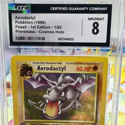 Pokemon TCG Aerodactyl 1st Edition Prerelease Cosmos Holo Card 1/62 CGC MINT 8 - Image 2