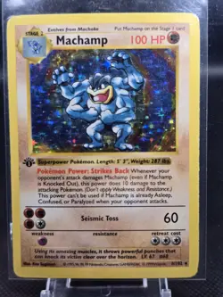 1999 Pokemon TCG Base Set 1st Edition Shadowless Holo Machamp 8/102 MP/HP - Image 1