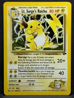 Pokemon TCG Lt. Surge's Raichu Holo Unlimited Holo Rare Card 11/132 LP+ - Image 1