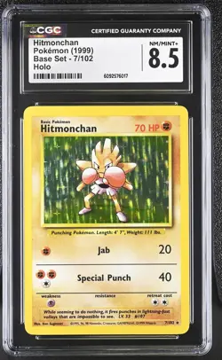 CGC 8.5 Hitmonchan 1999 Base Set 7/102 Holo Pokemon Card - Image 1