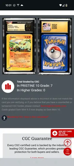 (POP 7) CGC 10 PRISTINE 2003 Aquapolis 92/147 Mankey Pokemon Card - Image 4