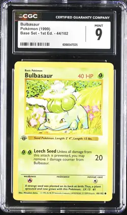 Bulbasaur 44/102 Shadowless Base Set 1st Ed CGC 9 Graded Pokemon Card - Image 1