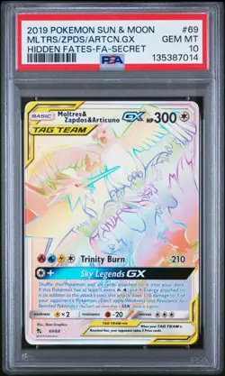 2019 POKEMON SUN & MOON HIDDEN FATES SECRET FA/MOLTRES ZAPDOS ARTICUNO GX PSA 10 - Image 1