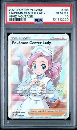 2020 Pokemon Vivid Voltage Pokemon Center Lady #185 Full Art Trainer PSA 10 TCG - Image 1