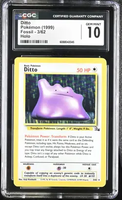 CGC 10 GEM MINT Ditto 1999 Fossil 3/62 Holo Pokemon Card - Image 1