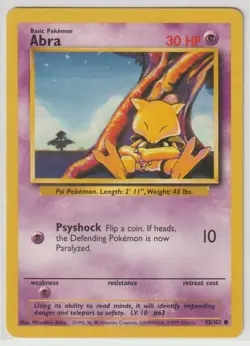 Pokemon Abra 43/102 Lightly Played WOTC Base Set Unlimited - ALWAYS TOP LOADED! - Image 1