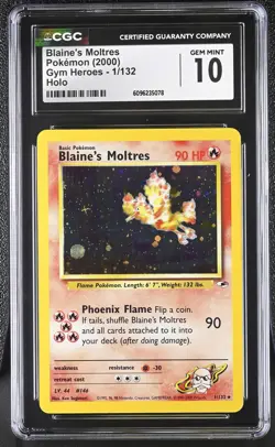 CGC 10 GEM MINT Blaine's Moltres 2000 Gym Heroes 1/132 Holo Pokemon Card - Image 1